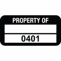Lustre-Cal PROPERTY OF Label, Polyester Black 1.50in x 0.75in  1 Blank Pad & Serialized 0401-0500, 100PK 253772Pe2K0401